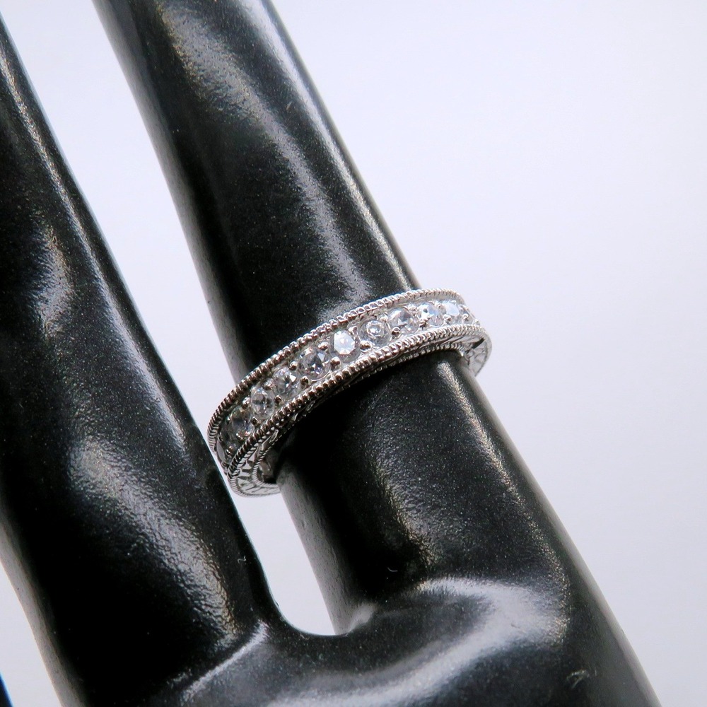 Silver Tone Eternity Band Ring Milgrain Clear Stone Size 6.5
